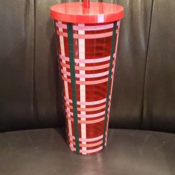 STARBUCKS Ban.do 2018 Holiday Pink Plaid Tumbler Venti Travel Cup - 24 O… - Picture 2 of 5
